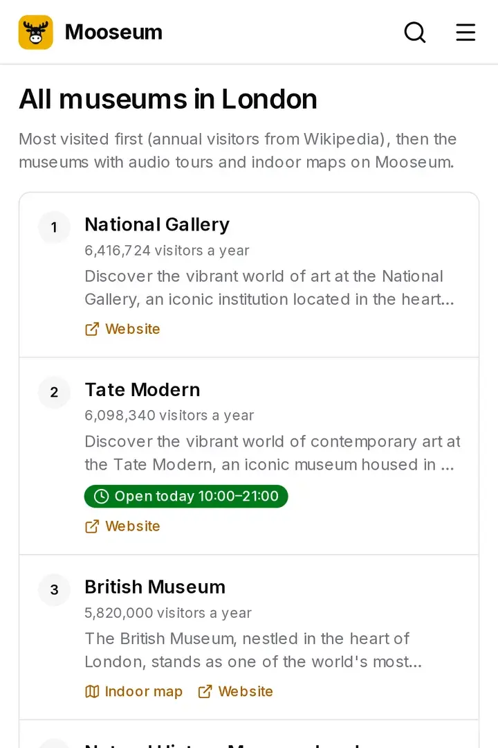 The Mooseum guide to museums in London, listing the National Gallery, Tate Modern and the British Museum with visitor numbers and today's opening hours