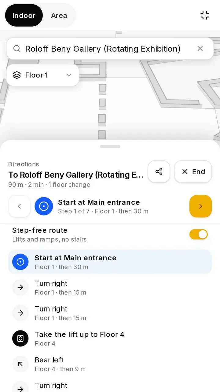 Step-by-step directions inside the Royal Ontario Museum to a gallery on floor 4, with the step-free route switched on
