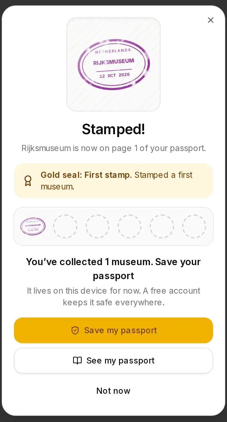 The Stamped! dialog on a phone: the Rijksmuseum ink stamp dated 12 Oct 2026, the First stamp gold seal, and a prompt to save the passport with a free account